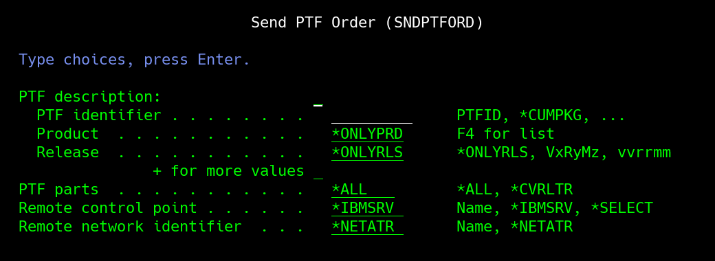 Send PTF Order Menu