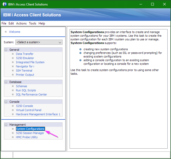 Access Client Solutions main page, with "System Configurations" highlighted