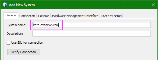 "Add New System" page, with a domain name populated instead of an IP address