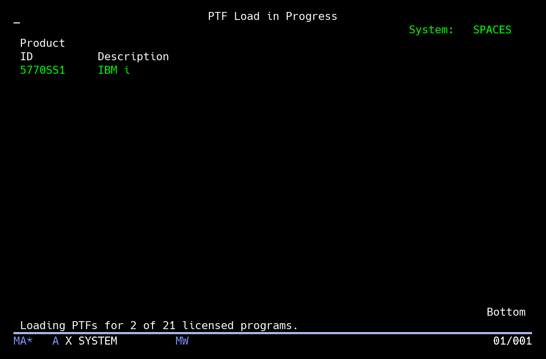 PTF Load in Progress screen