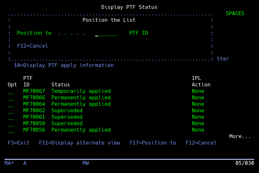 All PTF listings and application status with the Position to search box open